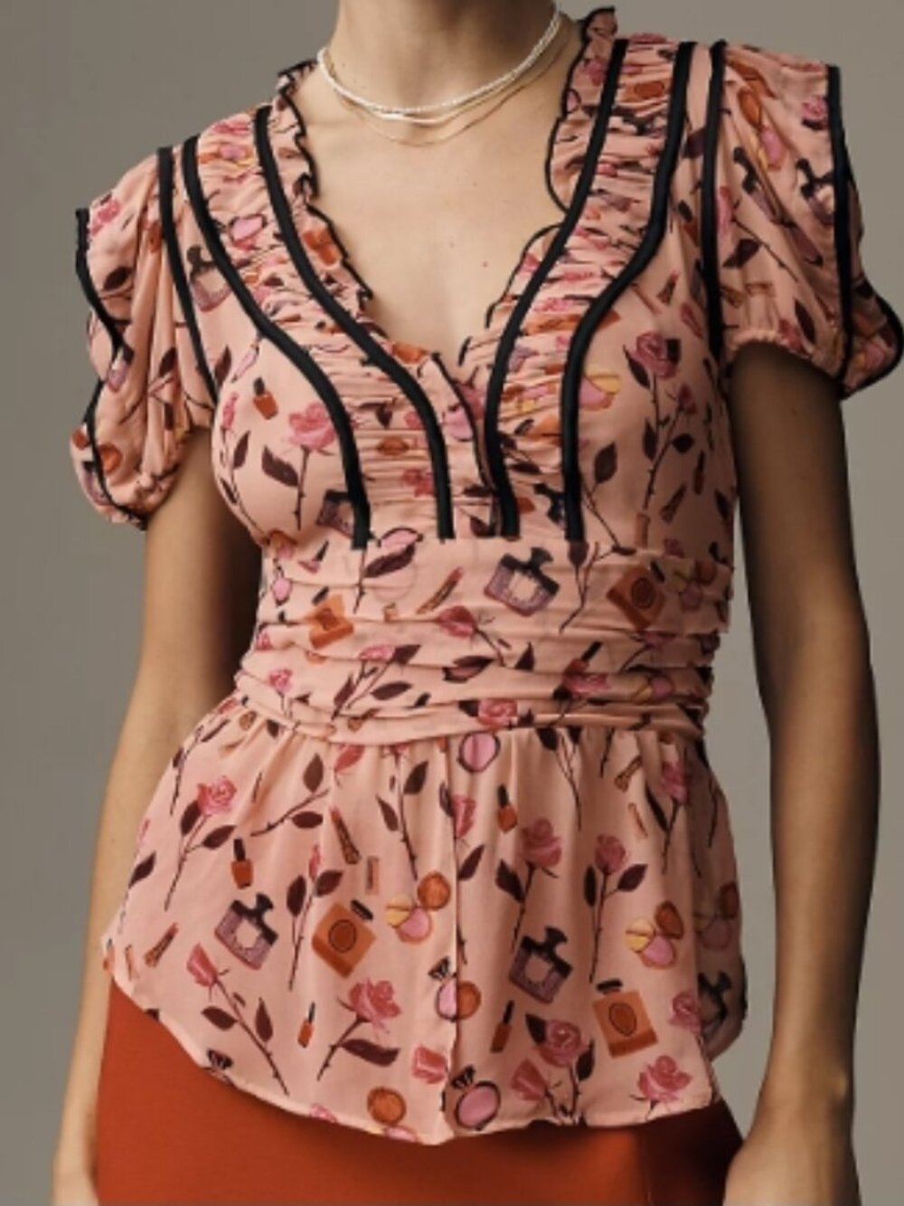 NWT Maeve Anthropologie V-Neck Puff Sleeve Printed Blouse Pink Medium